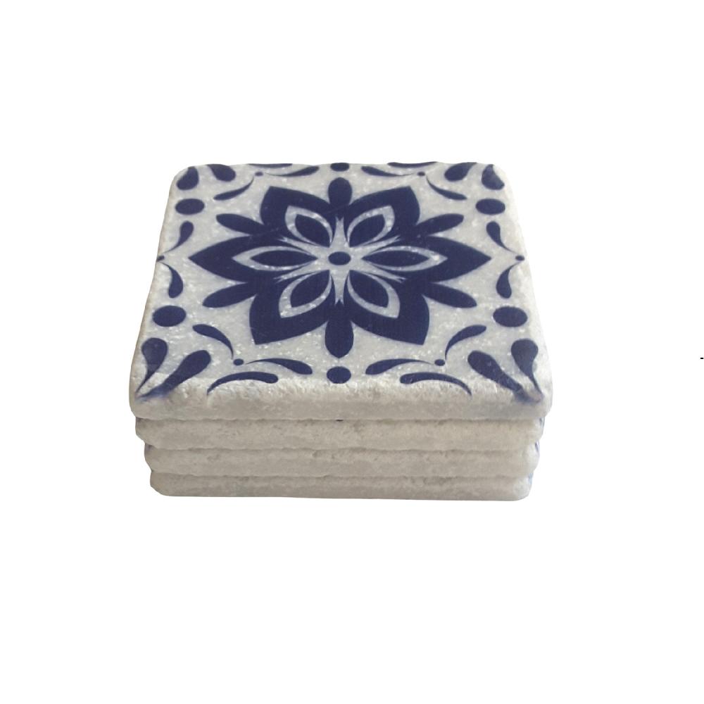 Lacivert Floral Desenli Doğal Mermer Bardak Altlığı