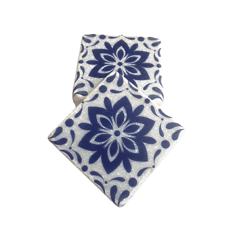 Lacivert Floral Desenli Doğal Mermer Bardak Altlığı