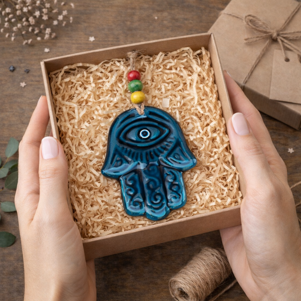 Turkuaz Seramik Gözlü El (Hamsa) Duvar Süsü