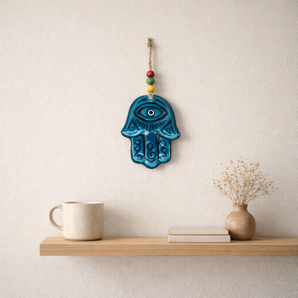 Turkuaz Seramik Gözlü El (Hamsa) Duvar Süsü