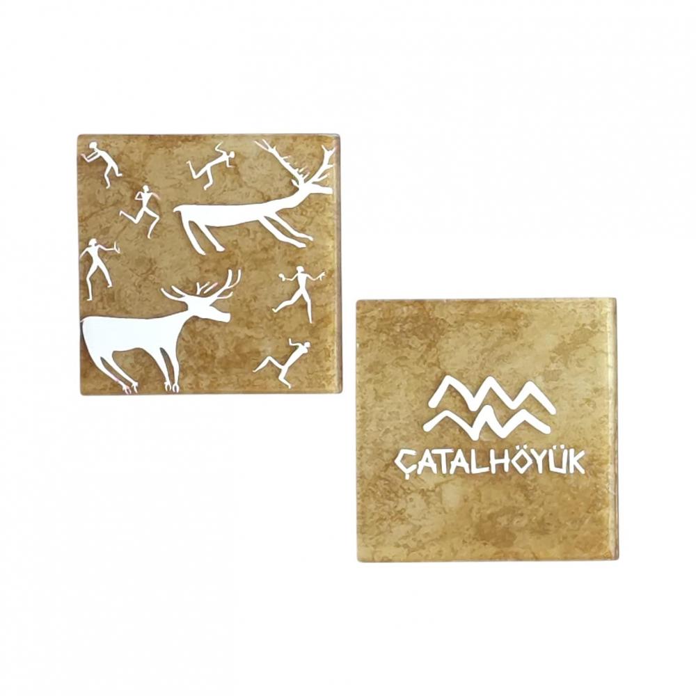 Çatalhöyük Temalı Mermer Desenli Cam Bardak Altlığı Anadolu Motifli 4'lü Set