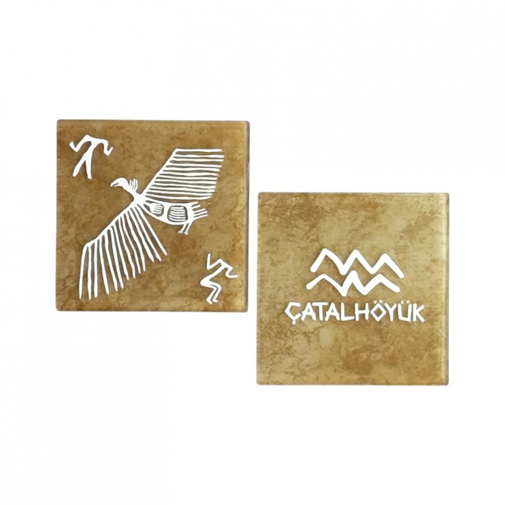 Çatalhöyük Temalı Mermer Desenli Cam Bardak Altlığı Anadolu Motifli 4'lü Set