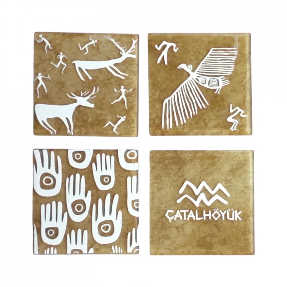 Çatalhöyük Temalı Mermer Desenli Cam Bardak Altlığı Anadolu Motifli 4'lü Set