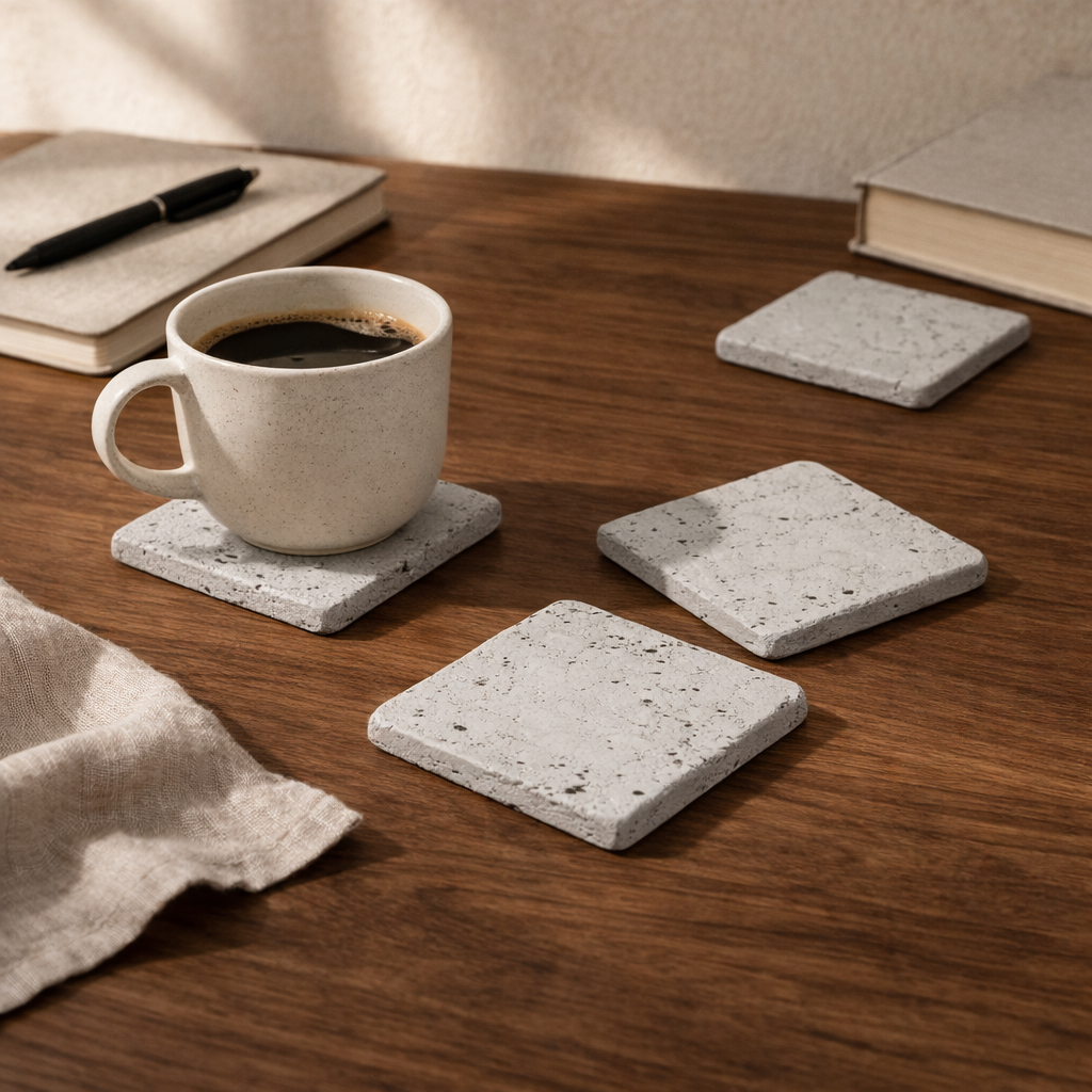 Kare Naturel Beton Bardak Altlığı 4’lü Set – El Yapımı Minimal Ofis & Ev Dekoru