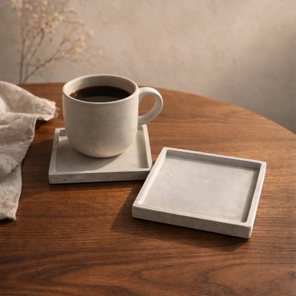 El Yapımı Kare Beton Bardak Altlığı Seti – Minimal & Modern Masa Dekoru