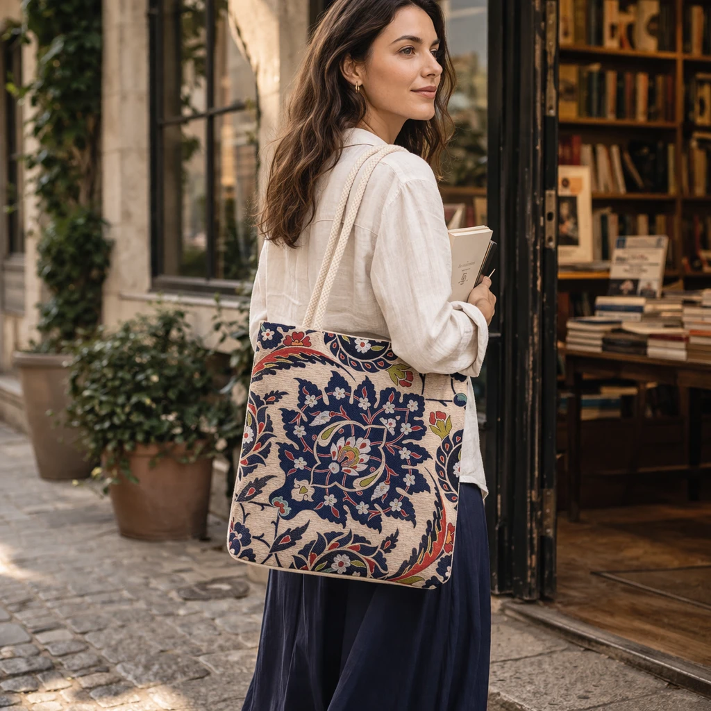 Çiçek Motifli Goblen Kumaş Heybe Çanta | Model: GBLN-3539